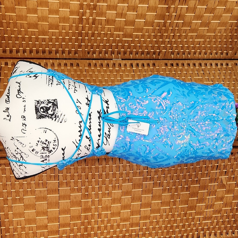 WINDSOR, Prom Homecoming Elegant Aqua, Blue Sequin Mini Open Back, v-neck Dress - Picture 4 of 6